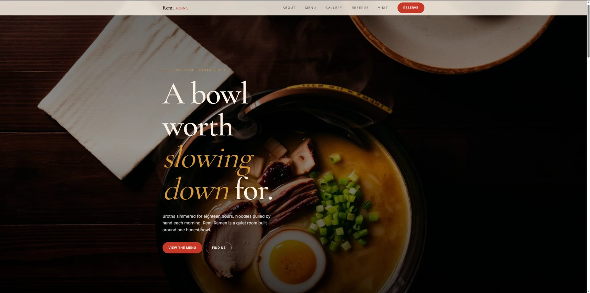 Remi Ramen restaurant website homepage designed by Haw Builds