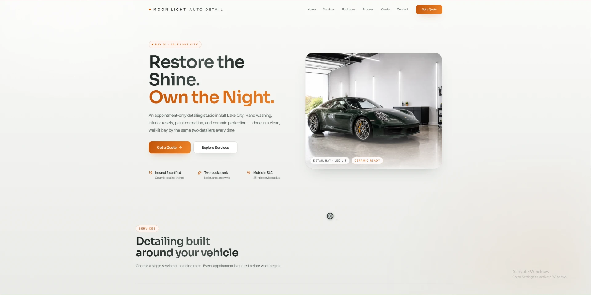 Moon Light Auto Detail automotive service website homepage designed by Haw Builds